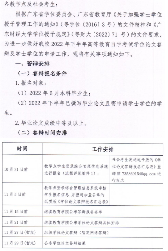 广东财经大学关于2022年下半年自学考试学位论文答辩报名及学士学位申请的通知
